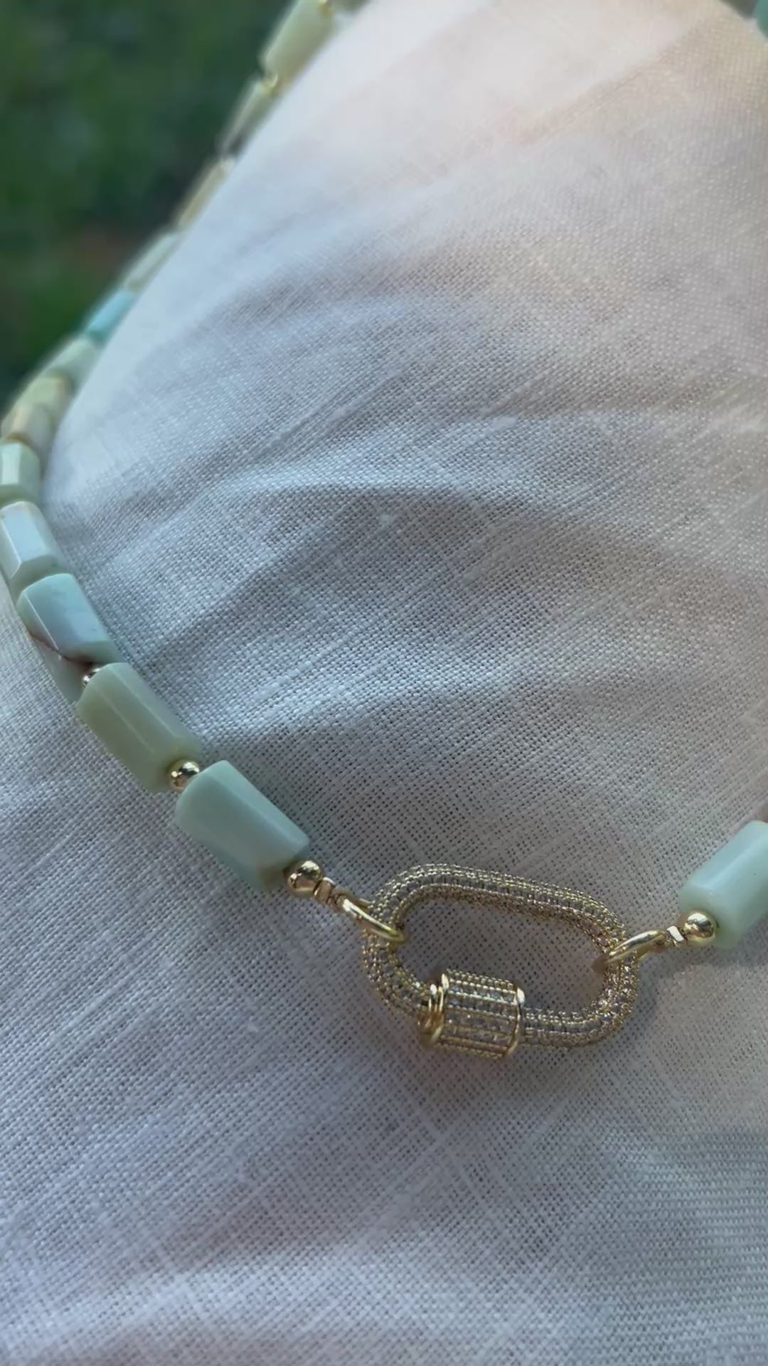 Natural Amazonite Barrel Bead Statement Necklace with Pavé Clasp